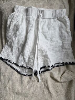 White Gauze Drawstring Athletic Shorts with Black Trim 100% Cotton